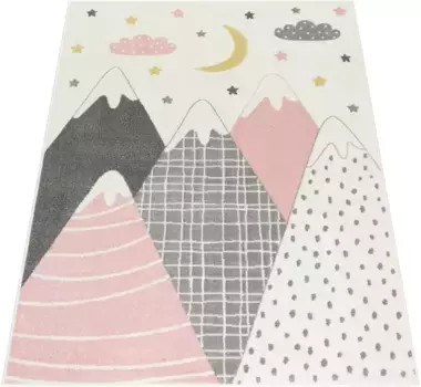 Детский ковер Paco Home "Nino 886", прямоугольный, короткий ворс, игровой коврик, мотив "горы и звезды", пастельные тона 160х220 см, розовый