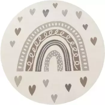 Детский ковер Paco Home "Nino 887", круглый, короткий ворс, игровой коврик, мотив радуги и сердечек, детская комната 160 см, бежевый