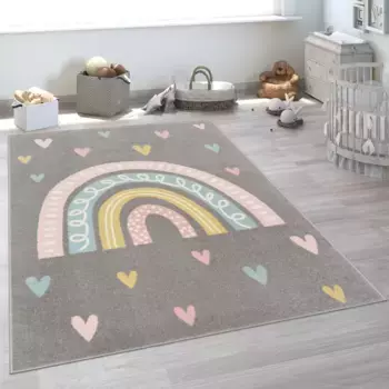 Детский ковер Paco Home "Nino 887", прямоугольный, короткий ворс, игровой коврик, мотив радуги и сердечек, детская комната 160х220 см, серый
