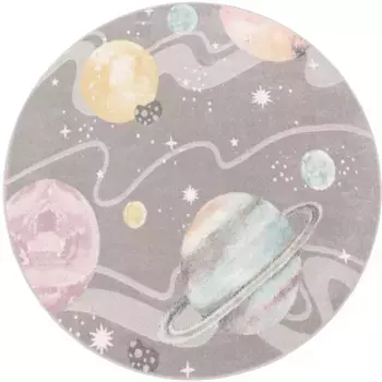 Детский ковер Paco Home "Nino 888", круглый, высота 13 мм, игровой коврик, короткий ворс, космический мотив, легко чистится, детская комната, серый