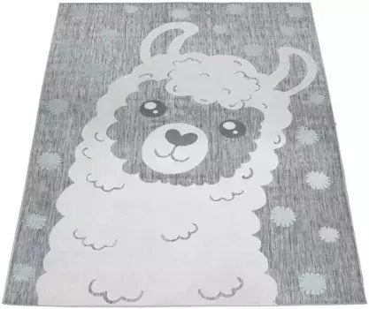 Детский ковер Paco Home "Tweet 469", прямоугольный, плоского плетения, эффект "высоко-низкий", мотив ламы, подходит для использования внутри и снаружи помещения 80х150 см, серый