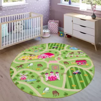 Детский коврик Paco Home "Bino 560", круглый, короткий ворс, коврик для уличных игр, фермерский мотив, детская комната 160 см, зеленый