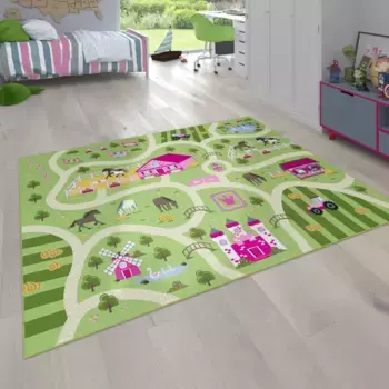 Детский коврик Paco Home "Bino 560", прямоугольный, короткий ворс, коврик для уличных игр, фермерский мотив, детская комната 100х200 см, зеленый
