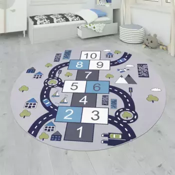 Детский коврик Paco Home "Bino 565", круглый, с коротким ворсом, коврик для уличных игр и надувная коробка с игровым мотивом 200 см, серый