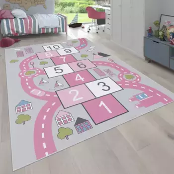 Детский коврик Paco Home "Bino 569", прямоугольный, с коротким ворсом, коврик для уличных игр и надувная коробка с мотивом "Рай и ад" 120х160 см, розовый