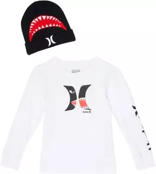 Детский набор Hurley Long Sleeve Graphic T-Shirt and Beanie Gift Set, цвет White/Black