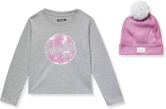 Детский набор Hurley Long Sleeve Tee with Pom Beanie, цвет Dark Grey Heather