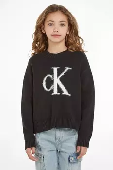 Детский пушистый свитер с вензелем Calvin Klein, черный
