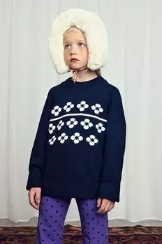 Детский свитер Mini Rodini с смесовой шерстью Flowers, темно-синий