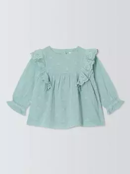 Детский топ с длинными рукавами в виде сердечек и оборкой John Lewis, зеленый