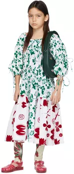 Детское бело-зеленое присборенное платье из флока Chopova Lowena