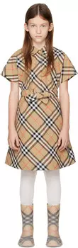Детское бежевое клетчатое хлопковое платье-рубашка Burberry