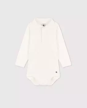 Детское хлопковое боди с воротником-поло и длинными рукавами Petit Bateau, белый