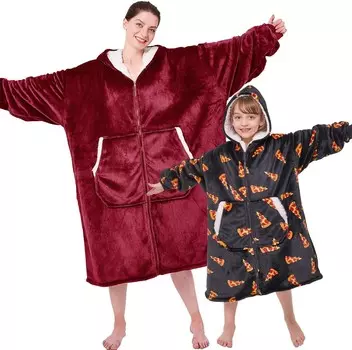 Детское носимое одеяло с капюшоном JOYWOO, большое одеяло с капюшоном из шерпы для пиццы, рождественские подарки на день рождения для девочек и мальчиков, уютное одеяло-толстовка с огромным карманом и молнией, винно-красное