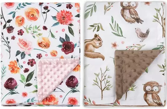 Детское одеяло BORITAR для девочек. Супермягкое двухслойное одеяло Minky с точечной подложкой, принимающее одеяло с элегантным разноцветным цветочным принтом + одеяло с милым лесным принтом совы, 30 x 40 дюймов.