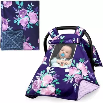 Детское одеяло и чехол на автомобильное сиденье Gilrs, мягкое одеяло Minky с точечной подложкой 30 * 40 дюймов, уютный и теплый чехол, фиолетовый цветок TANOFAR