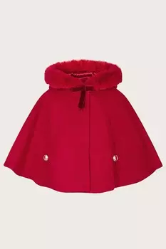 Детское пальто накидка с капюшоном из искусственного меха Monsoon, красный