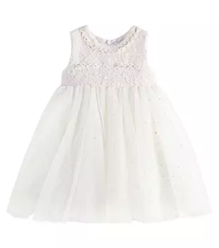 Детское платье из букле и тюля в горошек Monnalisa, цвет panna