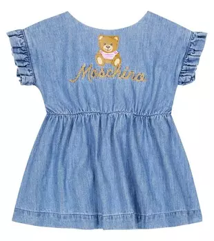 Детское платье из хлопкового шамбре с вышивкой Moschino, синий