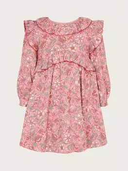 Детское платье с рюшами и цветочным принтом Monsoon, розовый