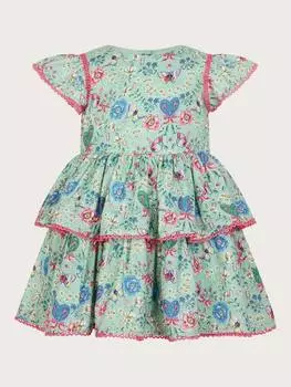 Детское платье с рюшами и принтом бабочки Monsoon, зеленый