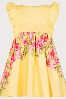 Детское платье Yellow Roses с жаккардовой отделкой Monsoon, желтый