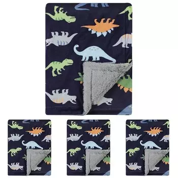 Детское плюшевое одеяло унисекс Hudson Baby с меховой переплеткой и спинкой, динозавры, один размер (4 шт. в упаковке), Dinosaurs