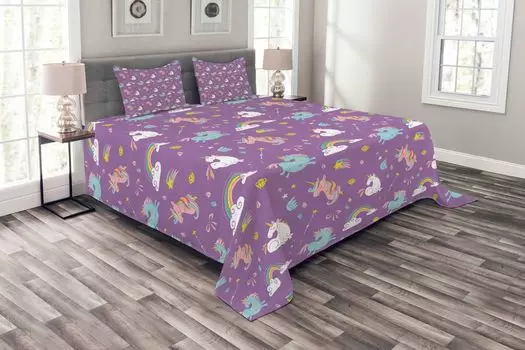 Детское покрывало ABAKUHAUS, Unicorn Rainbow Baby, комплект с моющимися наволочками, для односпальных кроватей 220 x 220 см, разноцветный