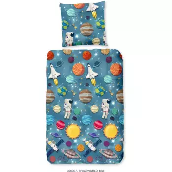 Детское постельное белье доброе утро «Spaceworld Blues», бобр, 135х200, теплое, мягкое, двусторонний вид, молния, мальчик космос Good Morning, синий/мультиколор