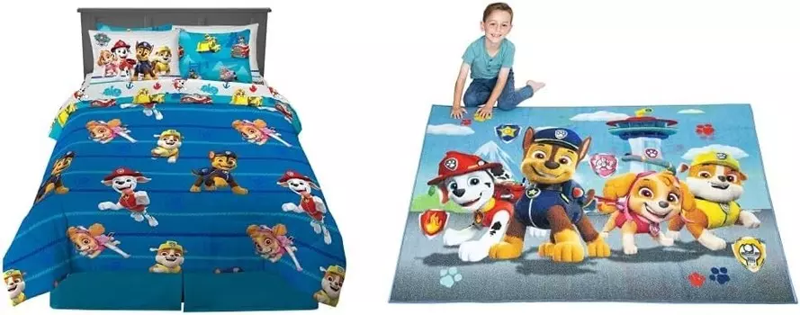 Детское постельное белье Franco Сверхмягкое одеяло и комплект простыней с подкладкой, полноразмерный коврик из 7 предметов, Paw Patrol и нескользящий коврик для детской комнаты Franco, 69 x 52 дюйма, Paw Patrol