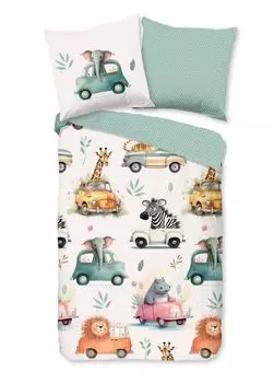 Детское постельное белье Good Morning 135х200 Gogo Animals Car двустороннее Zoo белое мятное 32091
