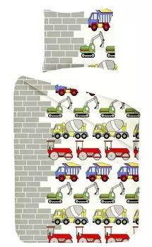 Детское постельное белье JACK Renforc, 2 шт., 135х200см, строительная площадка, экскаватор, самосвал, строительная техника, серый с кремовым отливом.