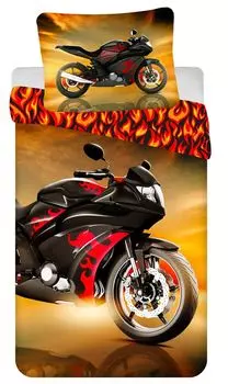 Детское постельное белье с двусторонним мотивом мотоцикла, красное пламя, черное велосипедное пуховое одеяло 140 х 200 + подушка 70 х 90 см, 100% хлопок, на молнии Jerry Fabrics