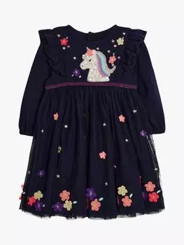 Детское праздничное платье из тюля с аппликацией в виде единорога JoJo Maman Bb, темно-синий/разноцветный