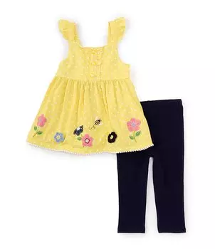 Детское трикотажное расклешенное платье без рукавов с цветочной каймой для маленьких девочек 2–4 лет, расклешенное платье и комплект леггинсов-капри из джерси Kids Headquarters, желтый