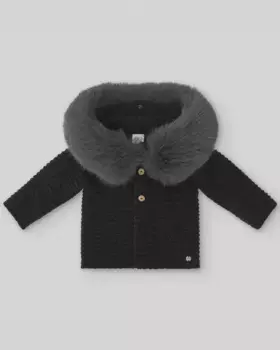 Детское вязаное пальто с меховым капюшоном и застежкой на пуговицы PAZ Rodrguez, темно-серый