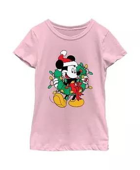 Девчачий Микки & Детская футболка с рождественским венком Друзья и Микки Маусом Disney, розовый