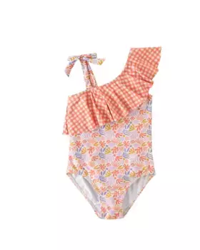 Девичий купальник с цветочным принтом и оранжевой оборкой в клетку Dadati, оранжевый