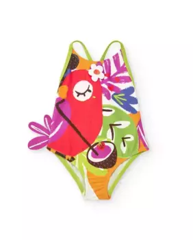 Девичий купальник с тропическим попугаем и цветочными деталями Tuc tuc, зеленый