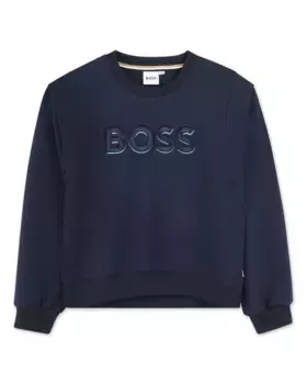 Девичий свитшот с круглым вырезом и логотипом спереди BOSS Kidswear, тёмно-синий