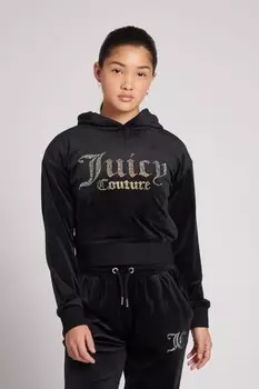 Девочки толстовка с капюшоном из велюра со стразами Juicy Couture, черный