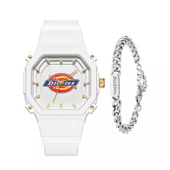 Dickies Наручные часы с кварцевым механизмом, белым циферблатом, унисекс, в коробке с кубинским браслетом