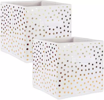 DII Нетканый набор для хранения, небольшой складной контейнер в горошек, кубик 11x11x11, белый и золотой, 2 предмета, White & Gold