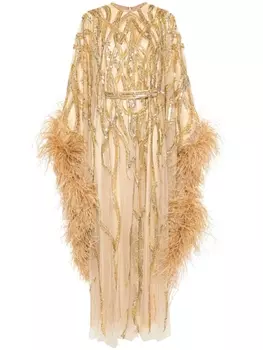 Dina Melwani вечернее платье с перьями, золотой