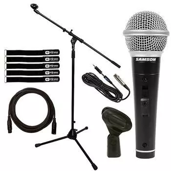 Динамический вокальный микрофон Samson Samson M10 Dynamic Vocal Handheld Microphone Mic w Tripod Boom Stand Cables Pack