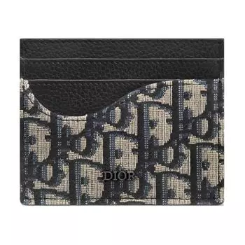 DIOR Мужской держатель для карт из жаккардовой ткани Saddle Oblique с зернистой телячьей кожей, черный/бежевый