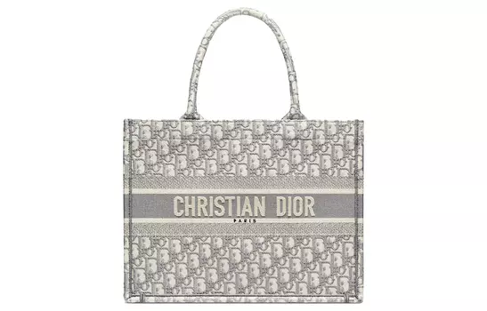 DIOR Средняя сумка-тоут цвета экрю и серого с косой вышивкой