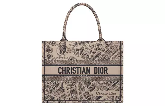 DIOR Сумка-шоппер BookTote с вышивкой, сумка для покупок, женская, бежево-черная, среднего размера