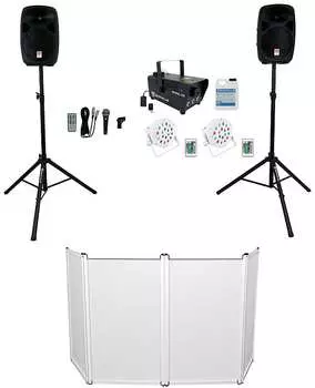 DJ Kit Rockville RPG102K с 10-дюймовыми динамиками + микрофоном + стойками + фасадом + верхним светом + светодиодным туманом RPG102K+RFAAW DJ PACK 3