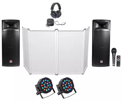 DJ Package Двойные 15-дюймовые активные Bluetooth-динамики мощностью 2000 Вт + микрофон + наушники + фасад + освещение Rockville RPG225K+RFAAW+DJ1500 PACK 2